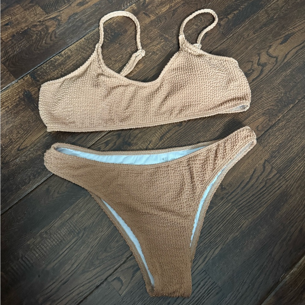 SHEIN Textured High-Cut Bikini Set - Tan Size XL